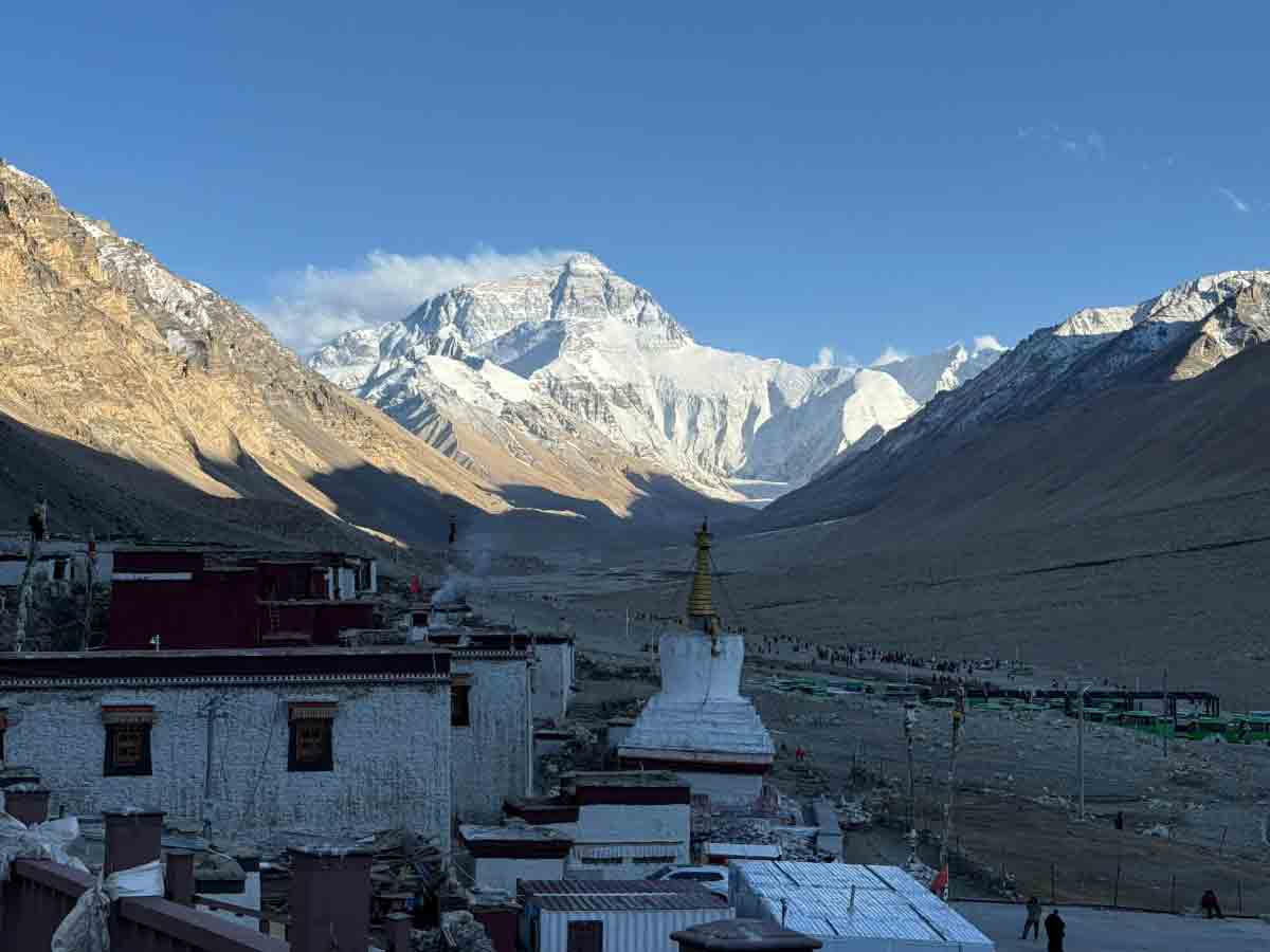 Everest View From Rongbuk Monastery Panoramic view of Mount Everest and the Rongbuk Glacier from the Tibetan side near Everest Base Camp.